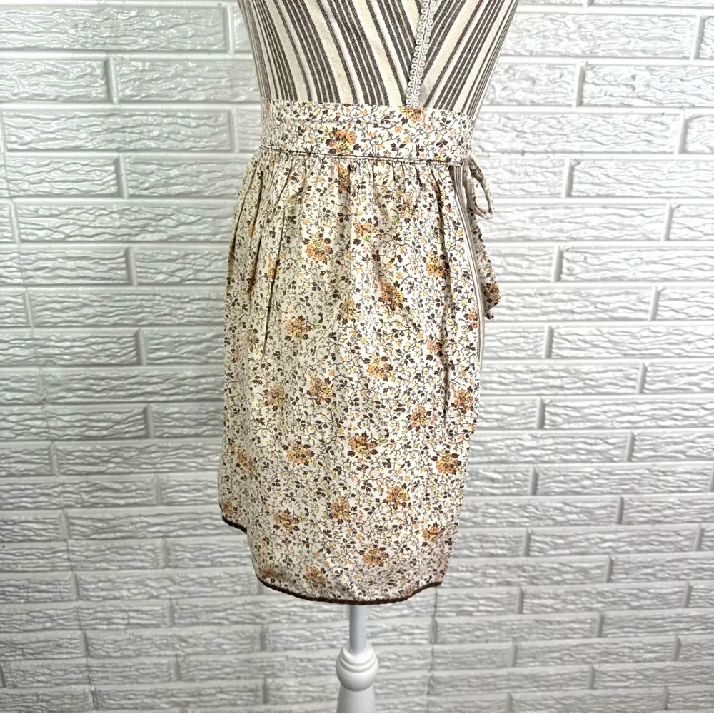 Vintage Handmade Brown and Beige Floral Half Apron with Pocket